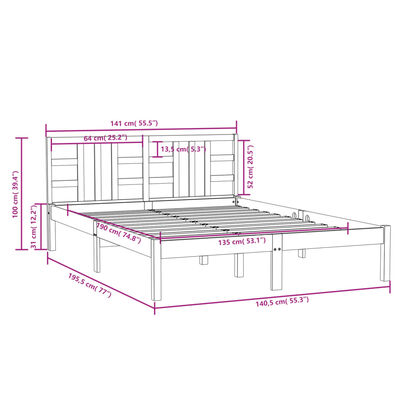 vidaXL Massivholzbett Schwarz 135x190 cm