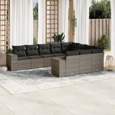 vidaXL 10-tlg. Garten-Sofagarnitur mit Kissen Grau Poly Rattan