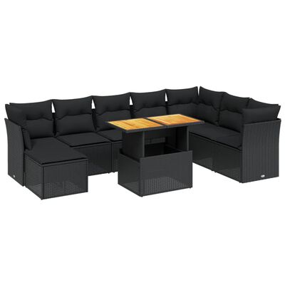 vidaXL 9-tlg. Garten-Sofagarnitur mit Kissen Schwarz Poly Rattan