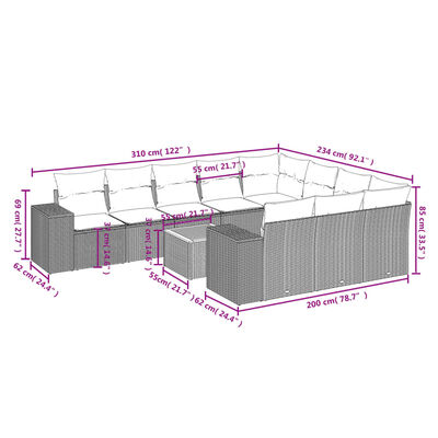 vidaXL 11-tlg. Garten-Sofagarnitur mit Kissen Beige Poly Rattan