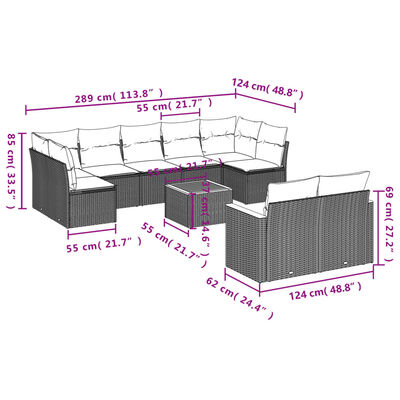 vidaXL 10-tlg. Garten-Sofagarnitur mit Kissen Schwarz Poly Rattan