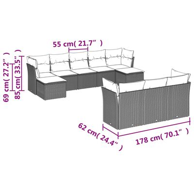 vidaXL 10-tlg. Garten-Sofagarnitur mit Kissen Grau Poly Rattan