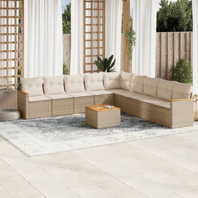 vidaXL 10-tlg. Garten-Sofagarnitur mit Kissen Beige Poly Rattan