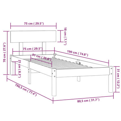 vidaXL Massivholzbett Schwarz 75x190 cm