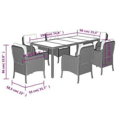 vidaXL 7-tlg. Garten-Essgruppe mit Kissen Schwarz Poly Rattan