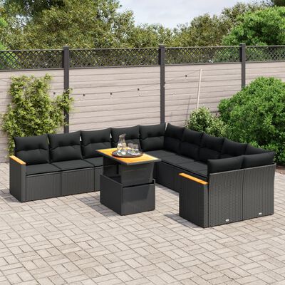 vidaXL 11-tlg. Garten-Sofagarnitur mit Kissen Schwarz Poly Rattan