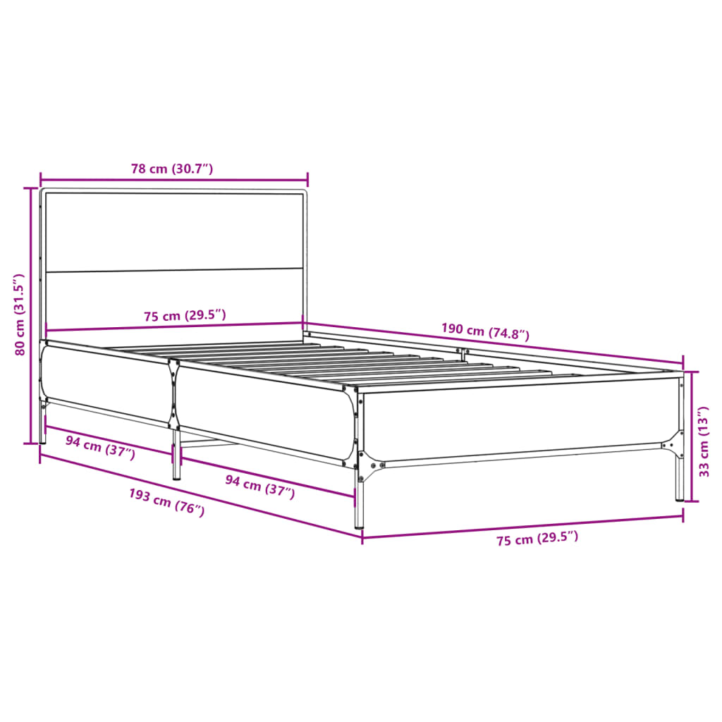 vidaXL Bettgestell Grau Sonoma 75x190 cm Holzwerkstoff und Metall