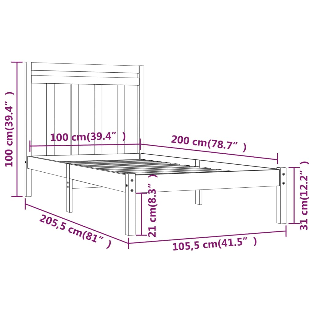 vidaXL Massivholzbett Schwarz 100x200 cm