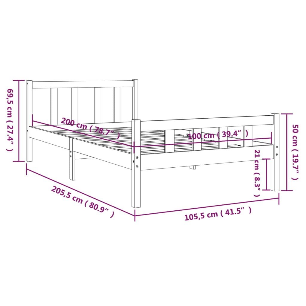 vidaXL Massivholzbett Schwarz 100x200 cm