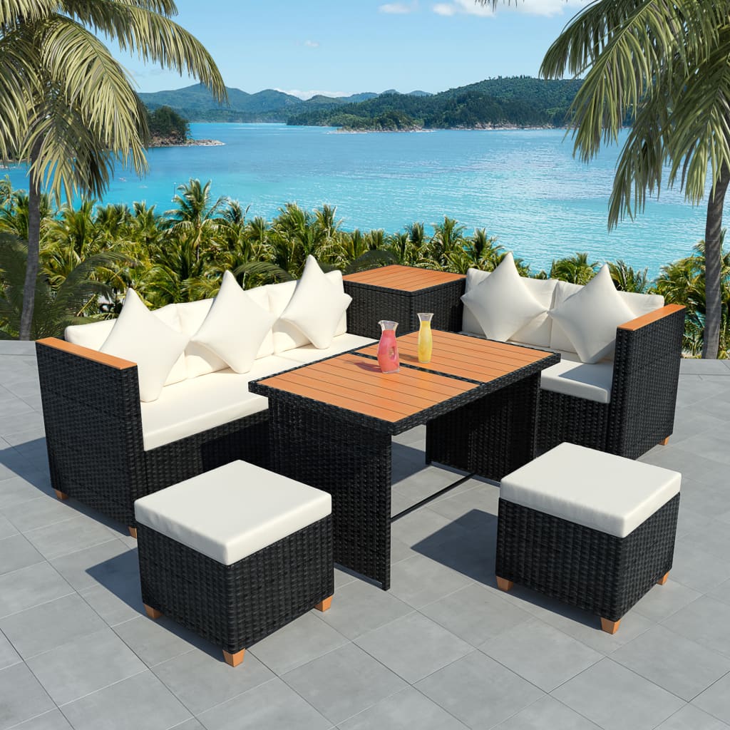 vidaXL 7-tlg. Garten-Lounge-Set mit Auflagen Poly Rattan Schwarz