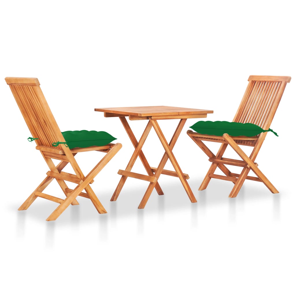 vidaXL 3-tlg. Bistro-Set mit Grünen Kissen Massivholz Teak