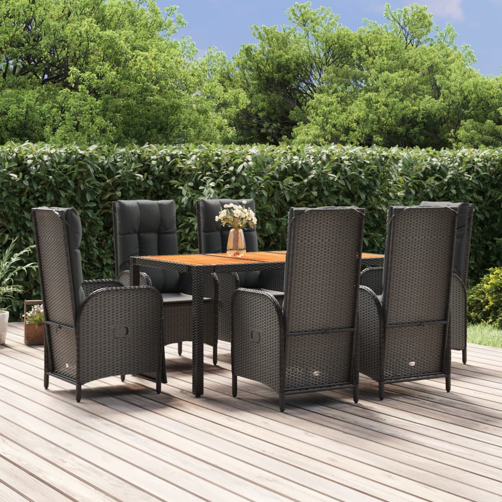 vidaXL 7-tlg. Garten-Essgruppe mit Kissen Schwarz Poly Rattan