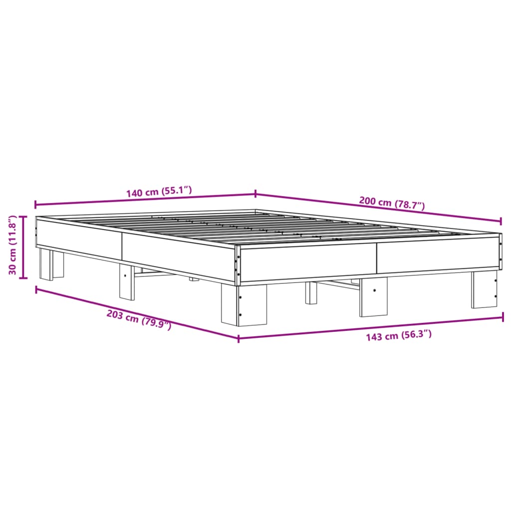 vidaXL Bettgestell Räuchereiche 140x200 cm Holzwerkstoff und Metall