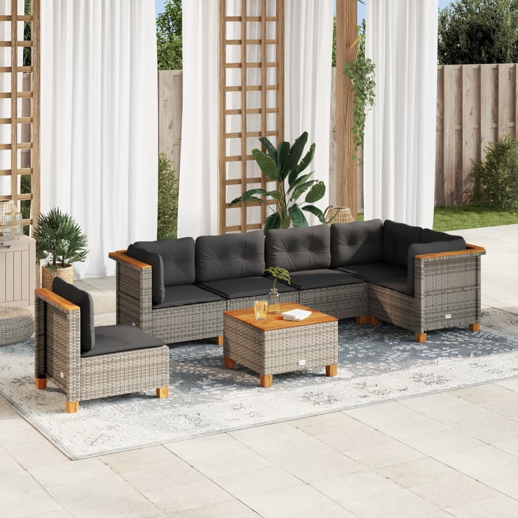 vidaXL 7-tlg. Garten-Sofagarnitur mit Kissen Grau Poly Rattan