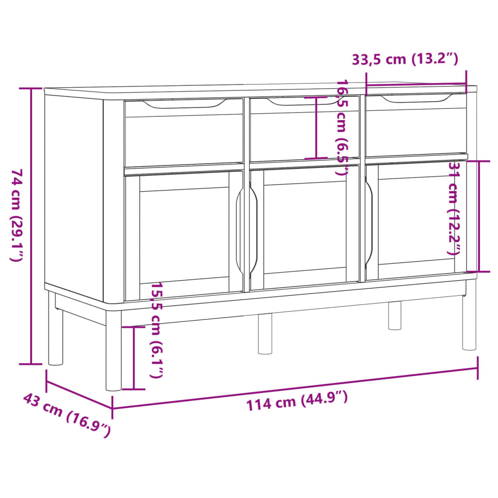 vidaXL Sideboard FLORO Weiß 114x43x74 cm Massivholz Kiefer