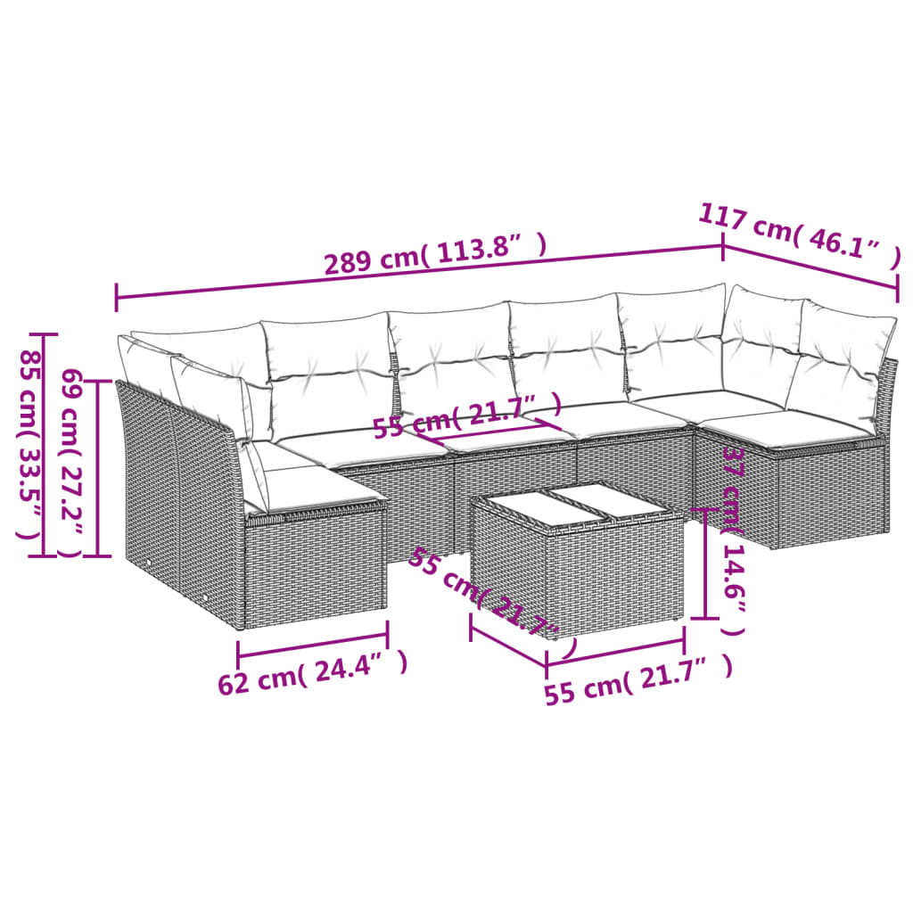 vidaXL 8-tlg. Garten-Sofagarnitur mit Kissen Hellgrau Poly Rattan