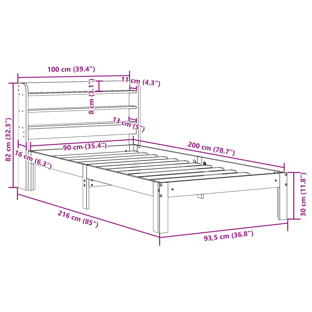 vidaXL Bettgestell mit Kopfteil ohne Matratze Weiß 90x200 cm