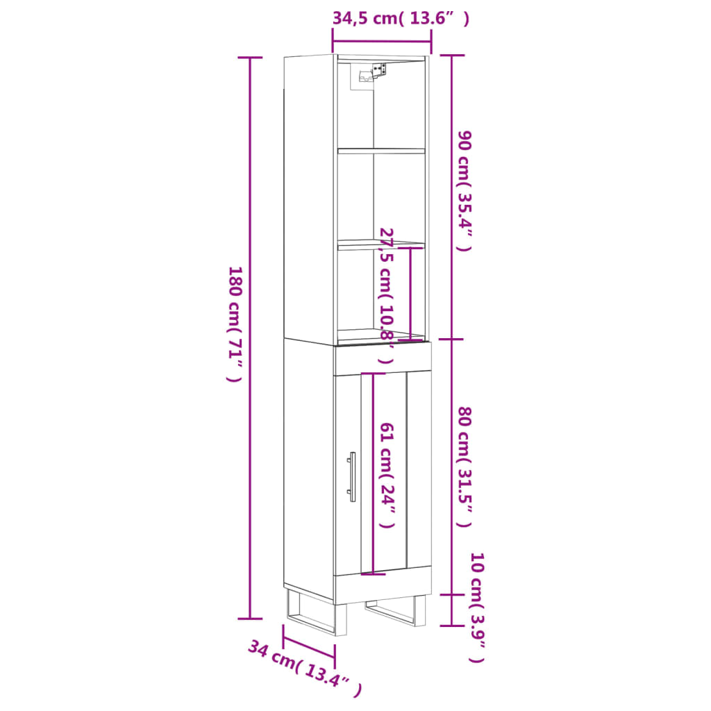 vidaXL Highboard Schwarz 34,5x34x180 cm Holzwerkstoff