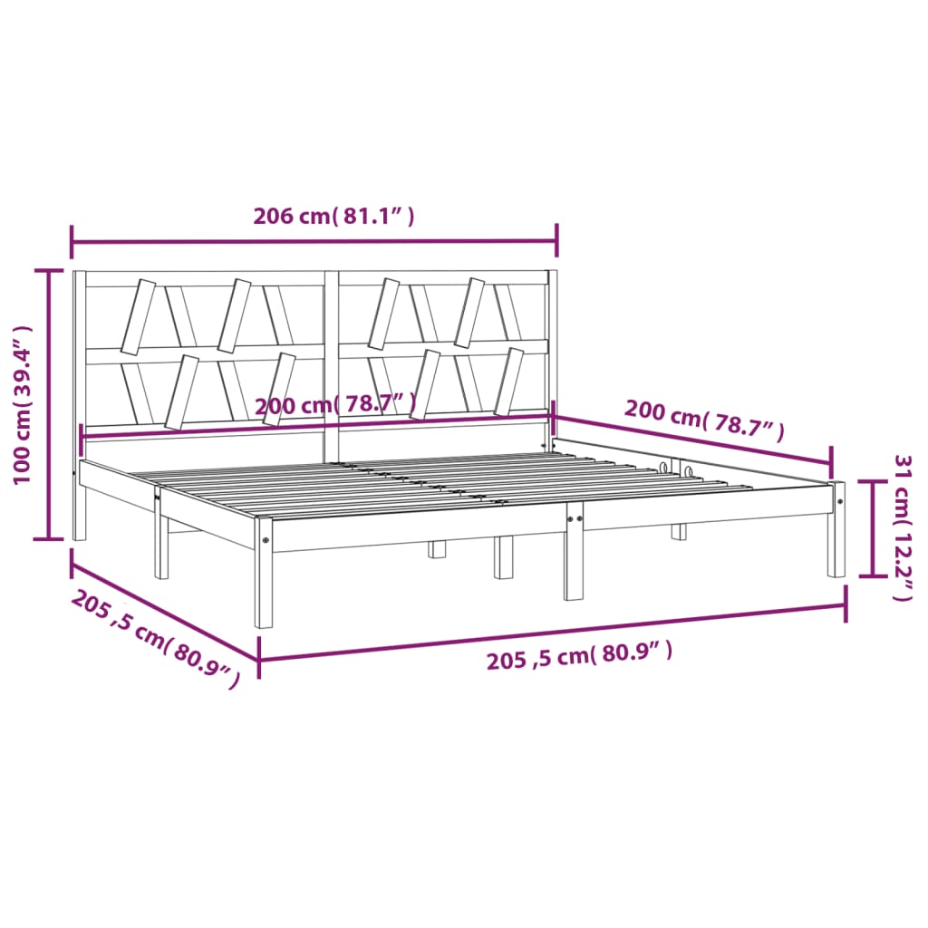 vidaXL Massivholzbett Schwarz Kiefer 200x200 cm