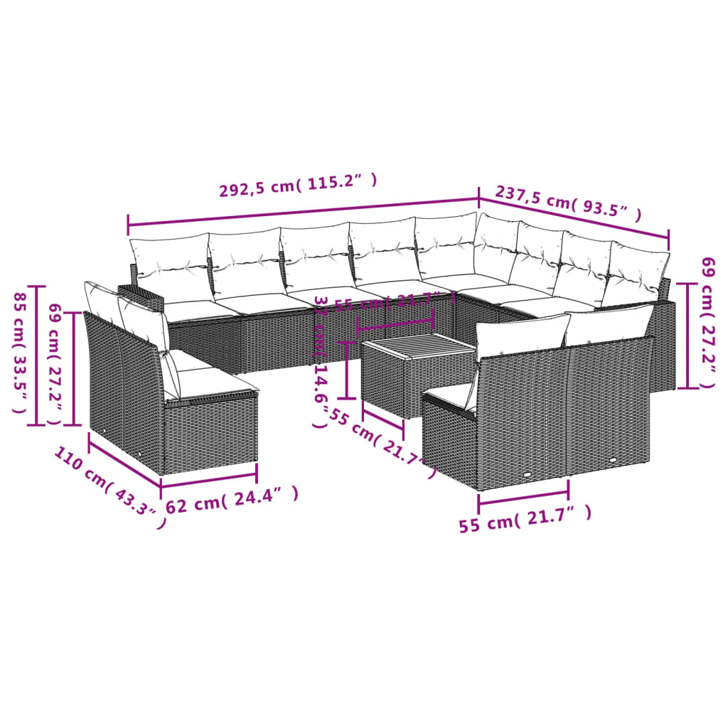 vidaXL 13-tlg. Garten-Sofagarnitur mit Kissen Beige Poly Rattan