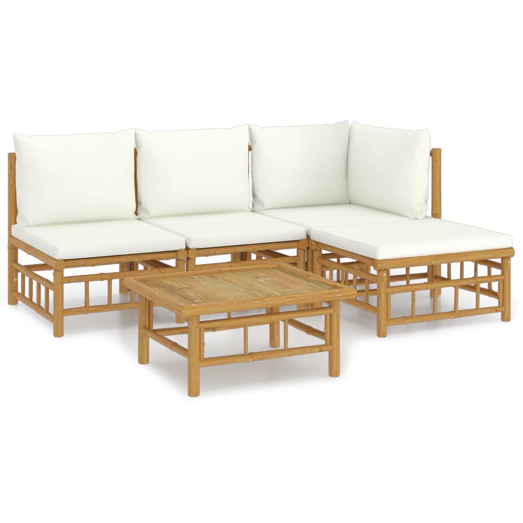 vidaXL 5-tlg. Garten-Lounge-Set mit Cremeweißen Kissen Bambus