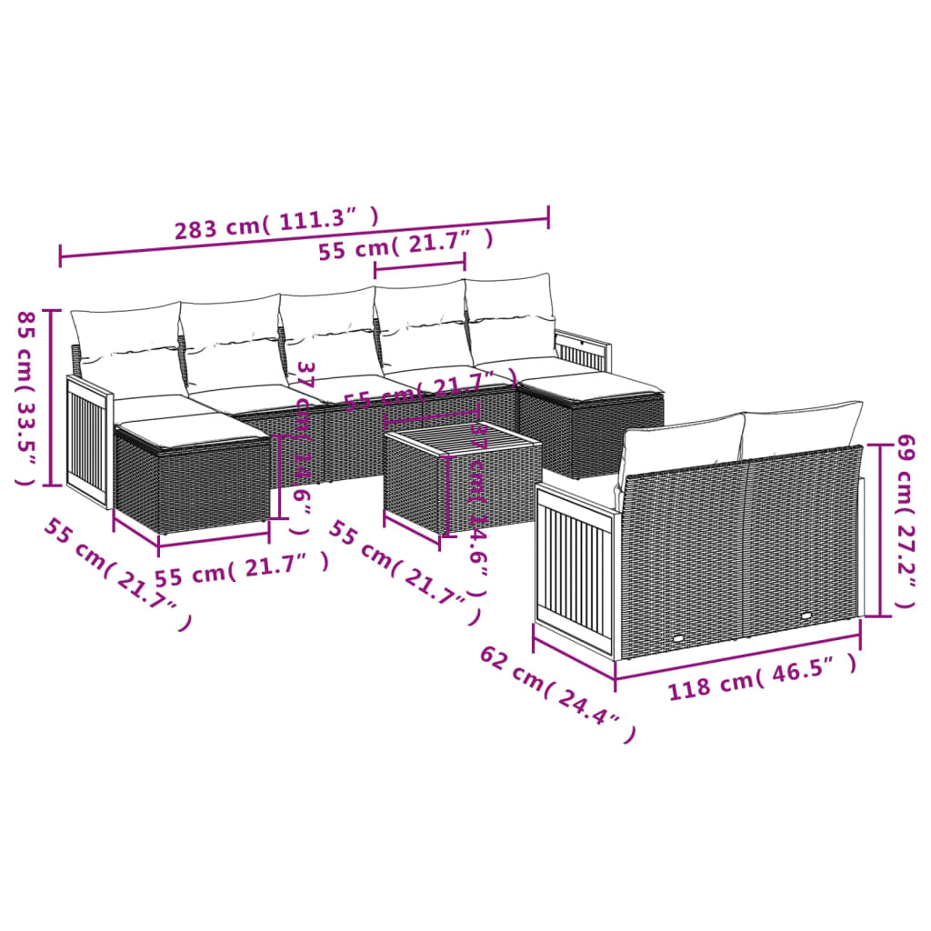 vidaXL 10-tlg. Garten-Sofagarnitur mit Kissen Schwarz Poly Rattan