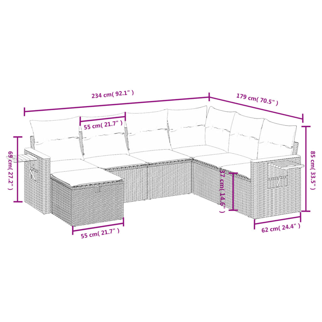 vidaXL 7-tlg. Garten-Sofagarnitur mit Kissen Grau Poly Rattan