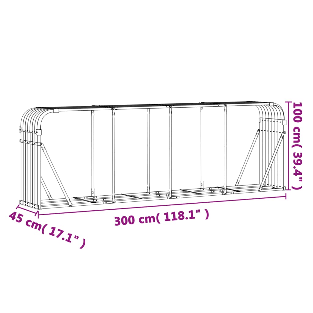 vidaXL Kaminholzunterstand Braun 300x45x100 cm Verzinkter Stahl