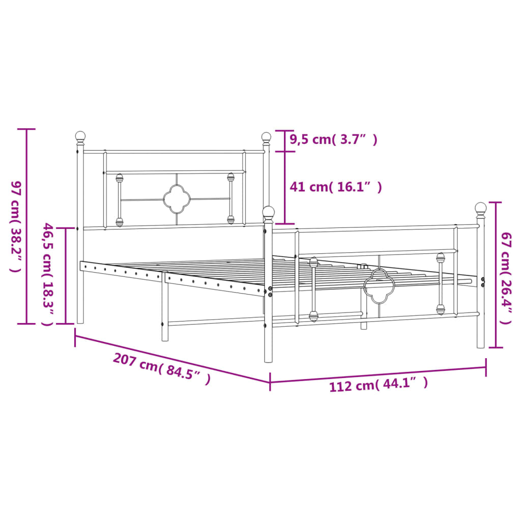 vidaXL Bettgestell mit Kopf- und Fußteil Metall Schwarz 107x203 cm