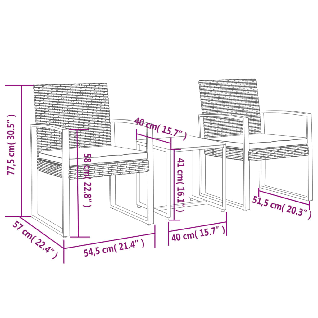 vidaXL 3-tlg. Garten-Essgruppe mit Kissen Braun PP-Rattan