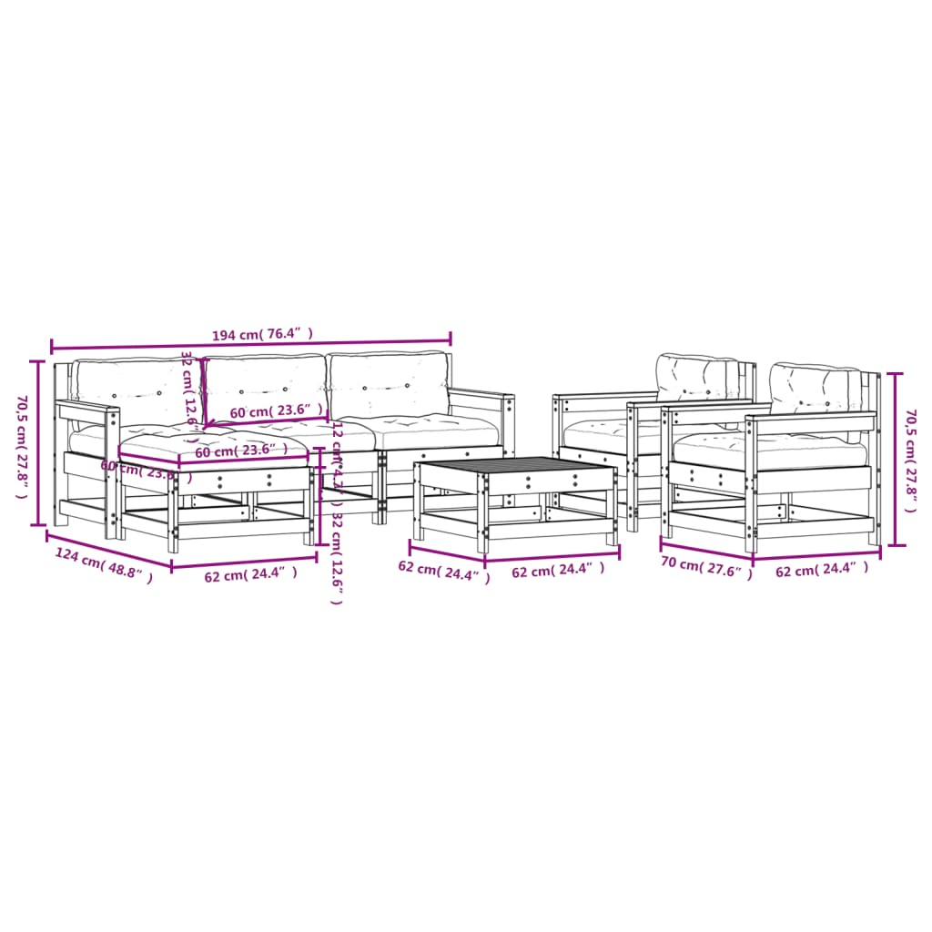 vidaXL 7-tlg. Garten-Lounge-Set mit Kissen Massivholz