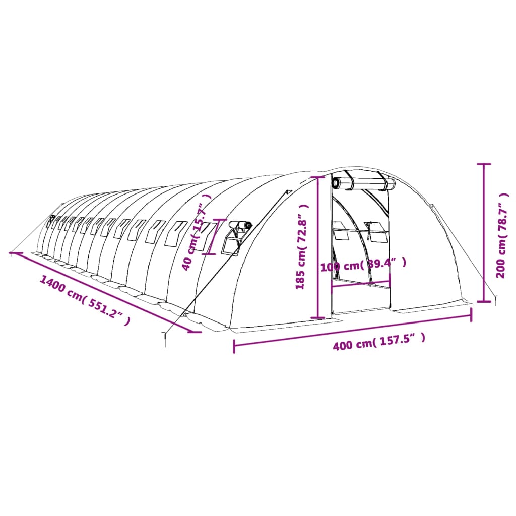 vidaXL Gewächshaus mit Stahlrahmen Weiß 56 m² 14x4x2 m