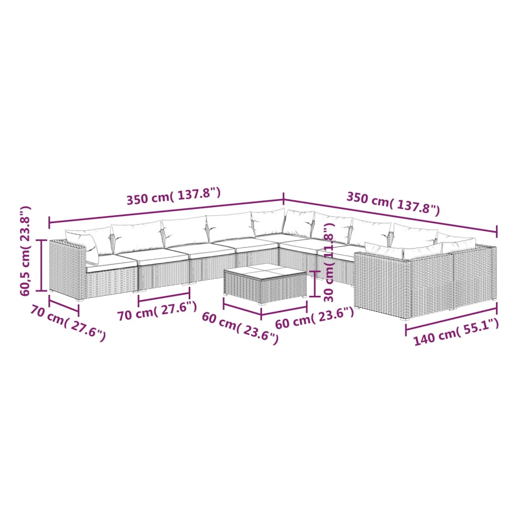 vidaXL 11-tlg. Garten-Lounge-Set mit Kissen Poly Rattan Schwarz