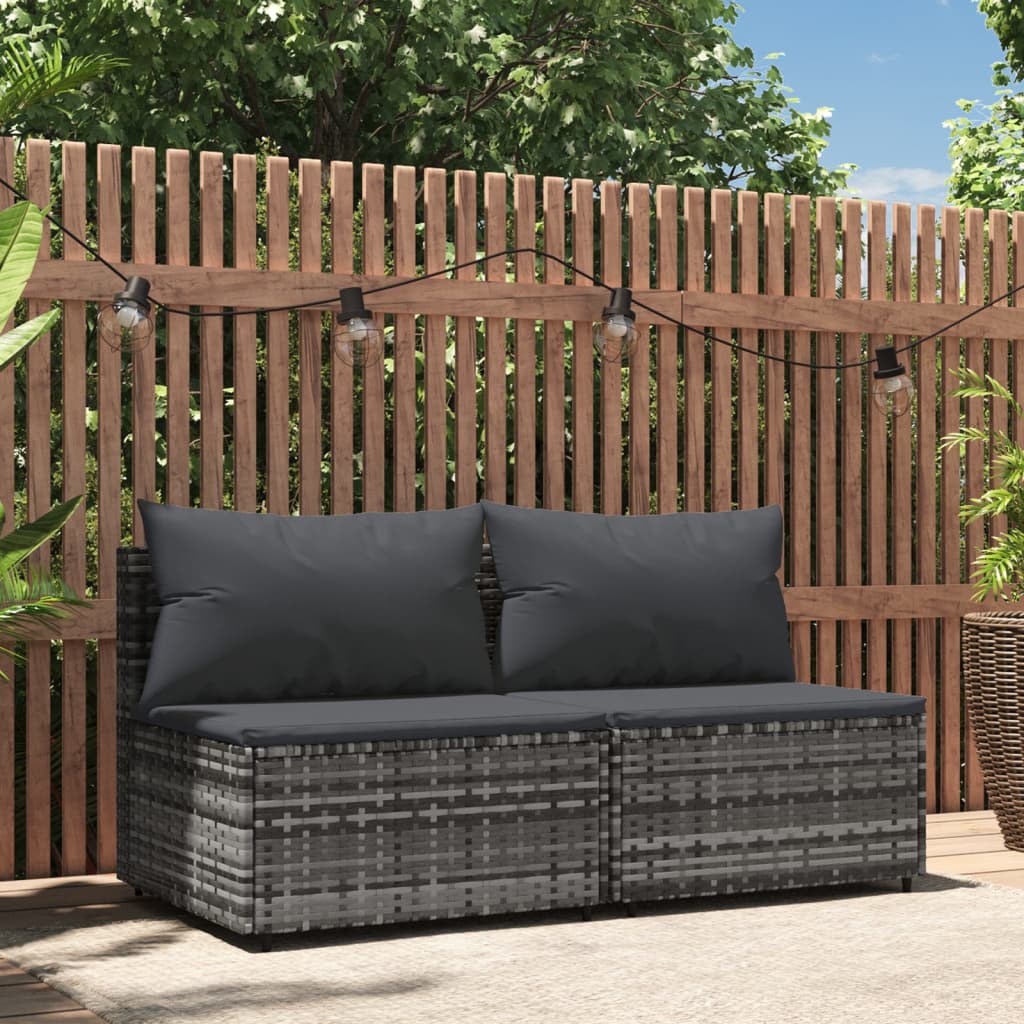 vidaXL Garten-Mittelsofas mit Kissen 2 Stk. Grau Poly Rattan