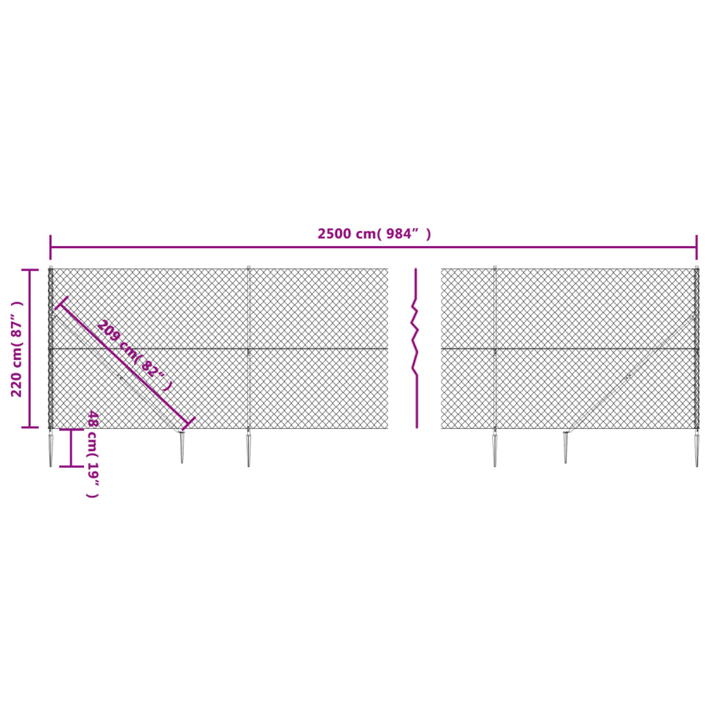 vidaXL Maschendrahtzaun mit Bodenhülsen Silbern 2,2x25 m