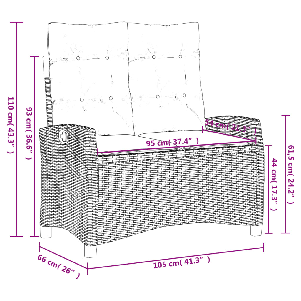 vidaXL Gartenbank Verstellbar mit Kissen Schwarz Poly Rattan