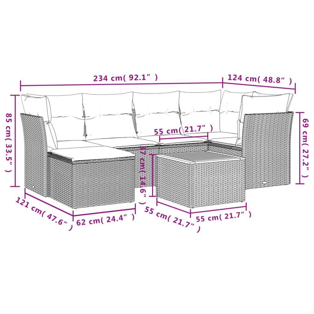 vidaXL 7-tlg. Garten-Sofagarnitur mit Kissen Beige Poly Rattan