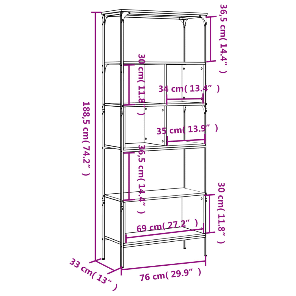 vidaXL Bücherregal 5 Böden Braun Eichen-Optik 76x33x188,5 cm