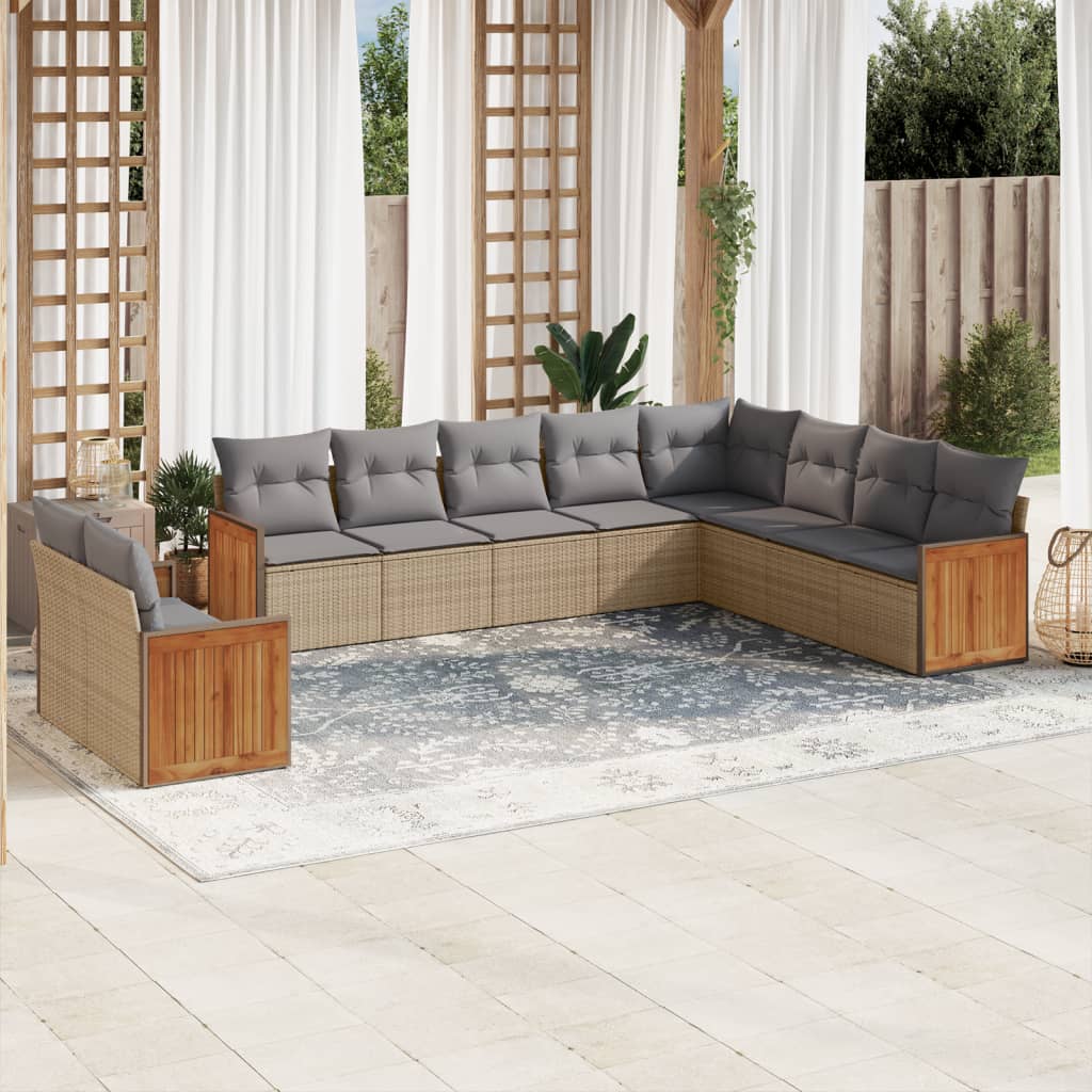 vidaXL 10-tlg. Garten-Sofagarnitur mit Kissen Beige Poly Rattan