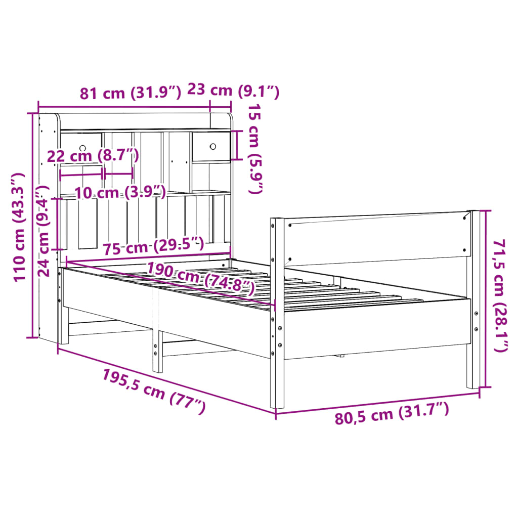 vidaXL Massivholzbett mit Regal ohne Matratze Wachsbraun 75x190 cm