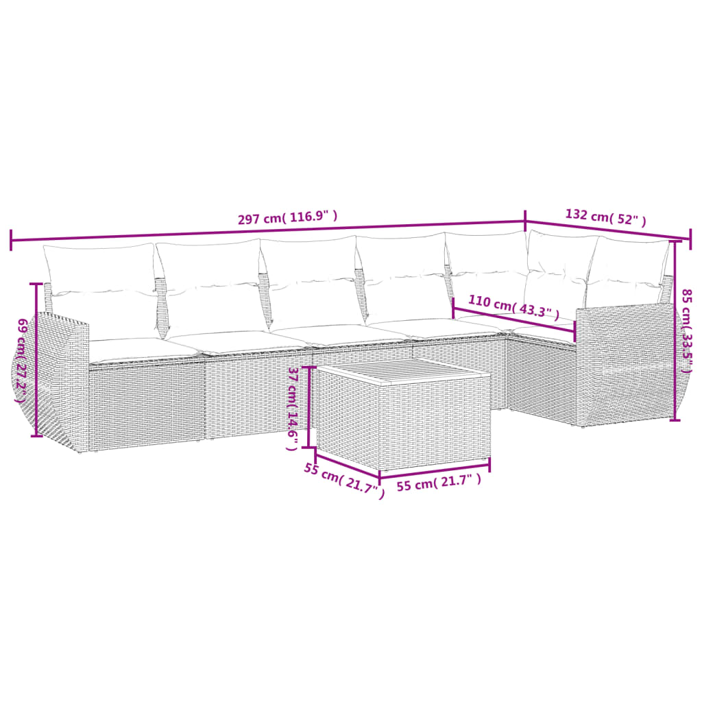 vidaXL 7-tlg. Garten-Sofagarnitur mit Kissen Schwarz Poly Rattan