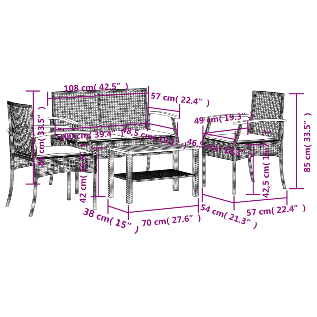 vidaXL 4-tlg. Garten-Lounge-Set mit Kissen Beige Poly Rattan