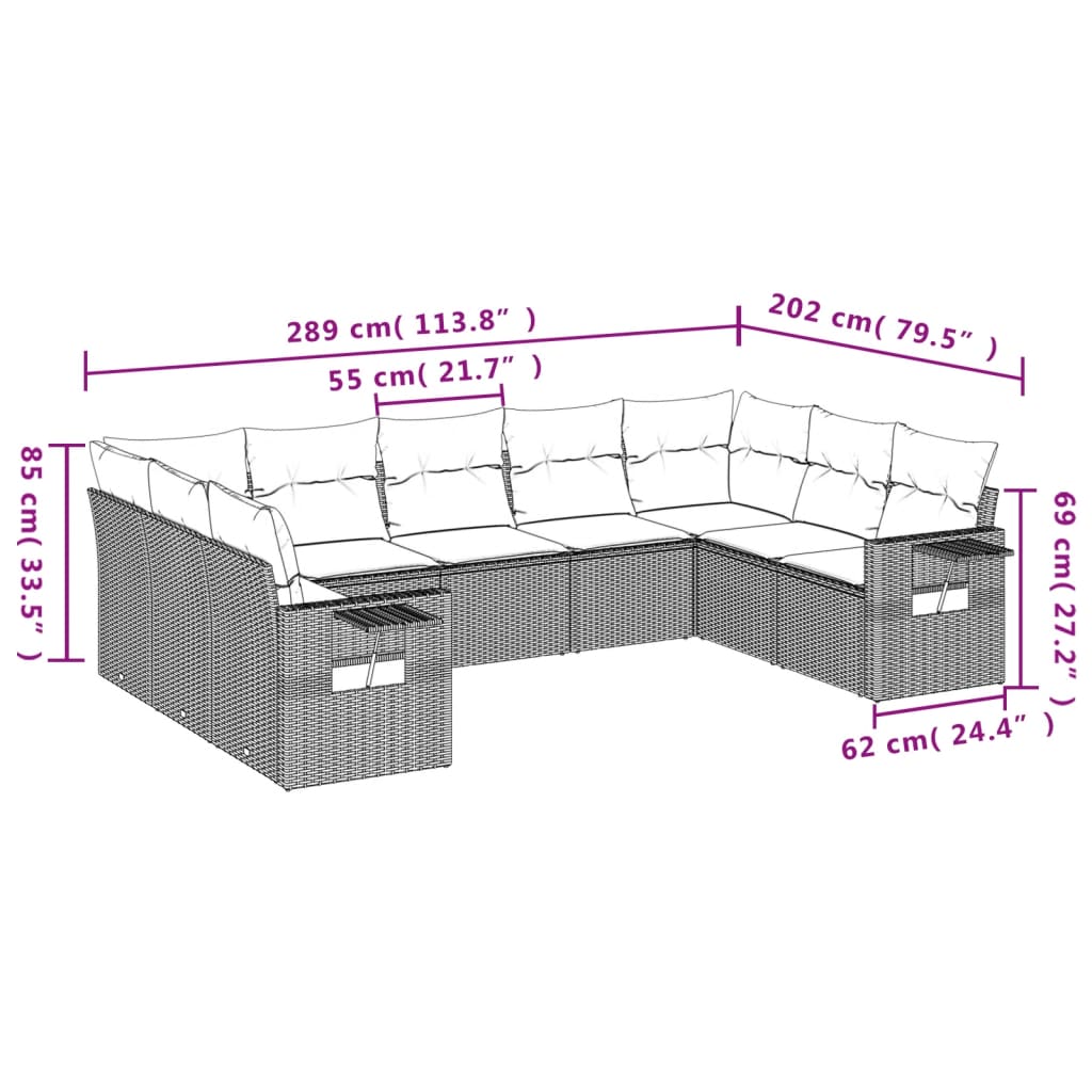 vidaXL 9-tlg. Garten-Sofagarnitur mit Kissen Braun Poly Rattan