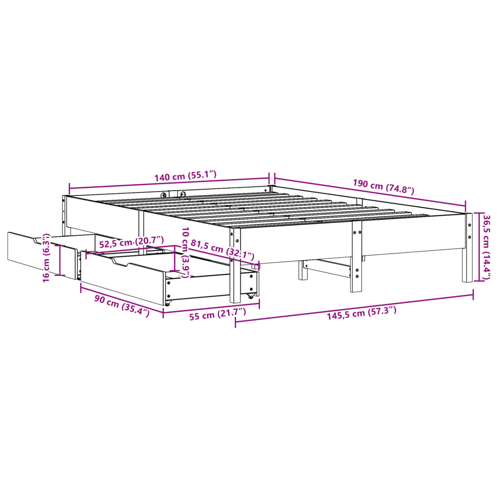 vidaXL Massivholzbett ohne Matratze 140x190 cm Kiefernholz