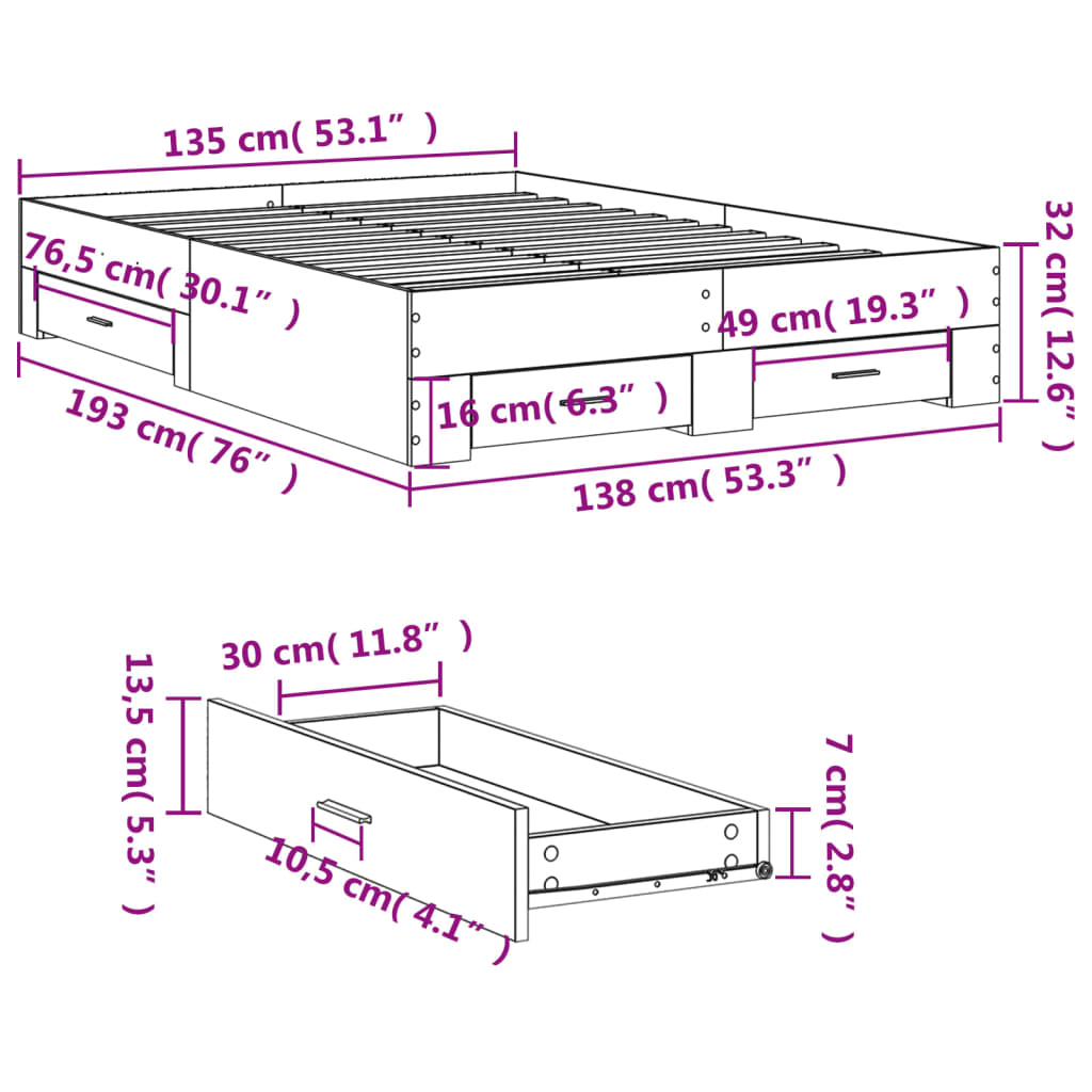 vidaXL Bettgestell mit Schubladen Schwarz 135x190 cm Holzwerkstoff