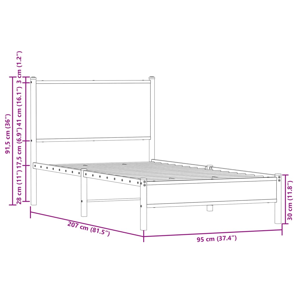 vidaXL Metallbett ohne Matratze Räuchereiche 90x200 cm