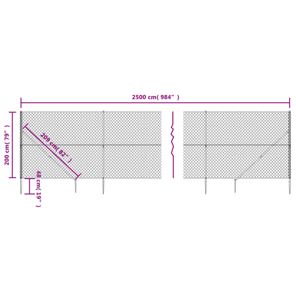 vidaXL Maschendrahtzaun mit Bodenhülsen Silbern 2x25 m