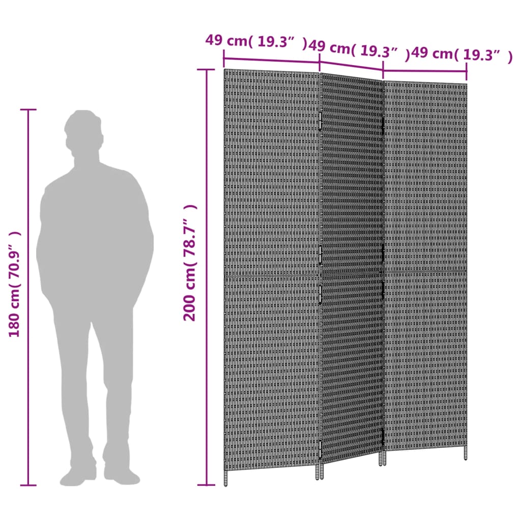 vidaXL Paravent 3-tlg. Grau Poly Rattan