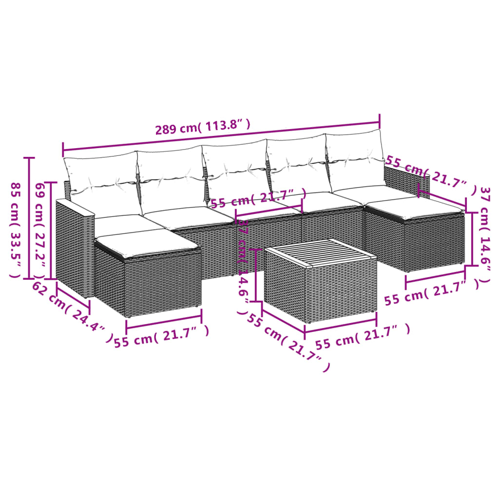 vidaXL 8-tlg. Garten-Sofagarnitur mit Kissen Schwarz Poly Rattan