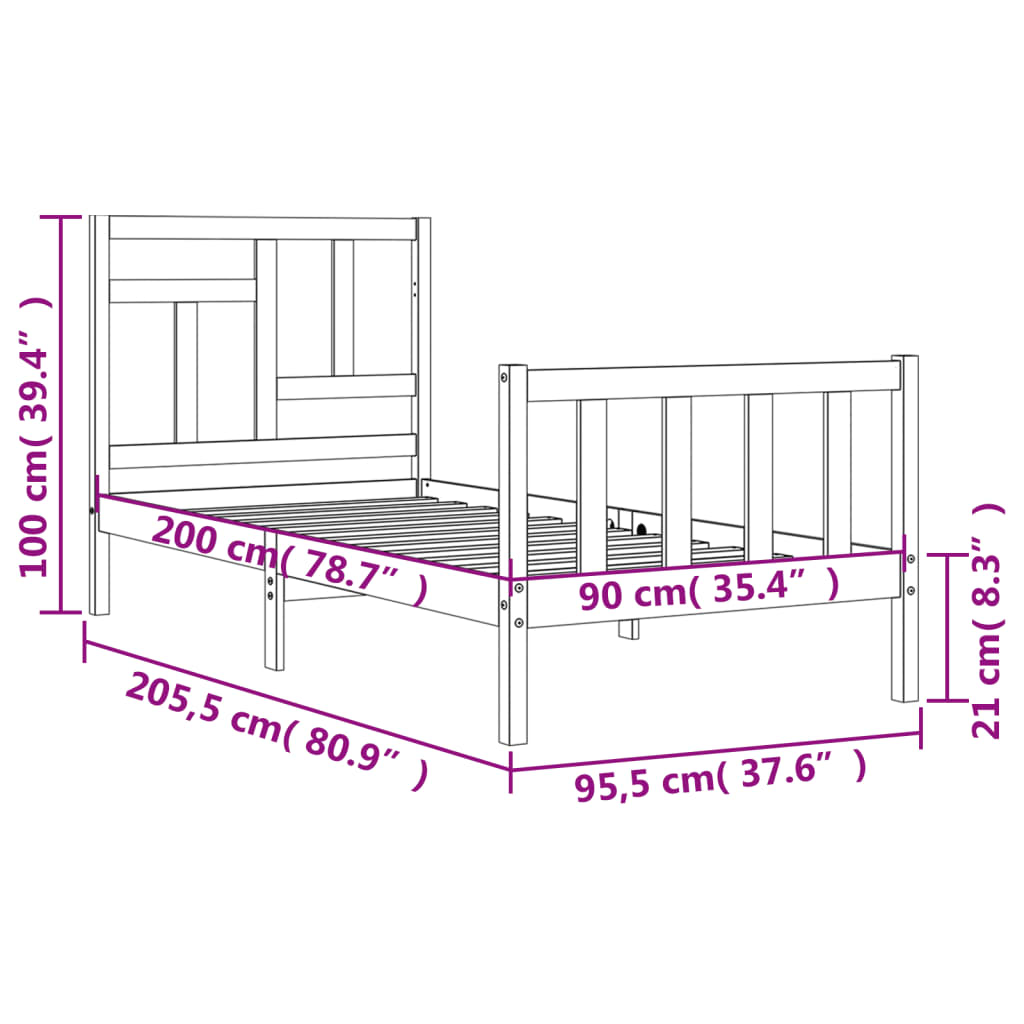 vidaXL Massivholzbett mit Kopfteil Weiß 90x200 cm